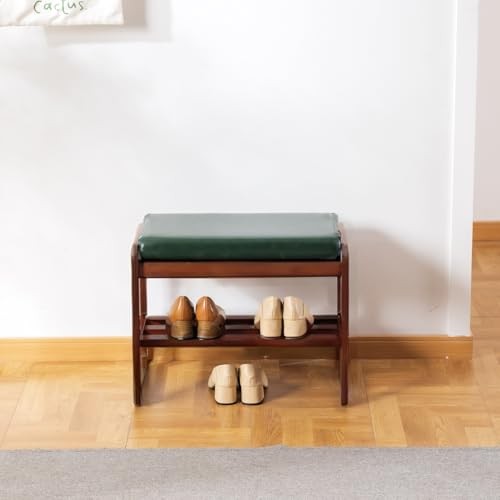 Solid Wood Bench, Entryway Shoe Bench with Cushion, 2 Tier Shoe Storage
