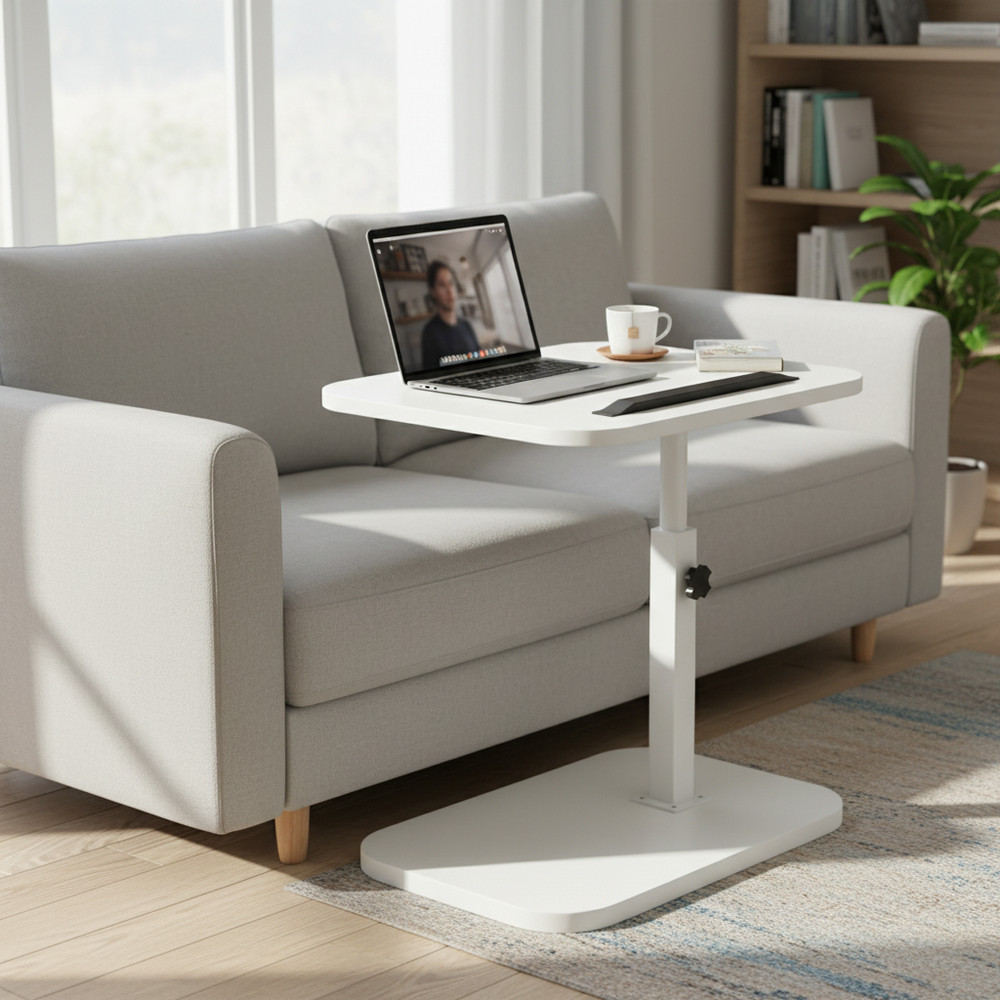 White Adjustable Height C Table, Swivel Overbed Side Table with Device Slot