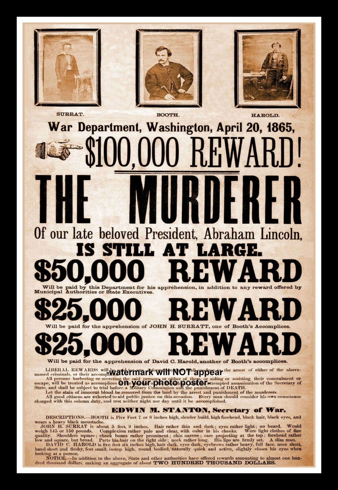 12x18 John Wilkes Booth WANTED POSTER Abraham Lincoln Assassination Photo REWARD