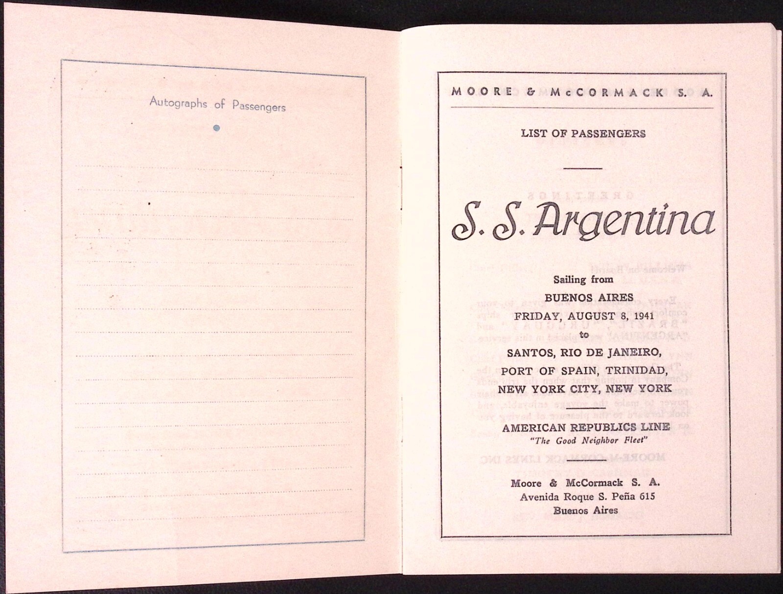 AUG 8 1941 Moore & McCormack SA SS Argentina Passenger List