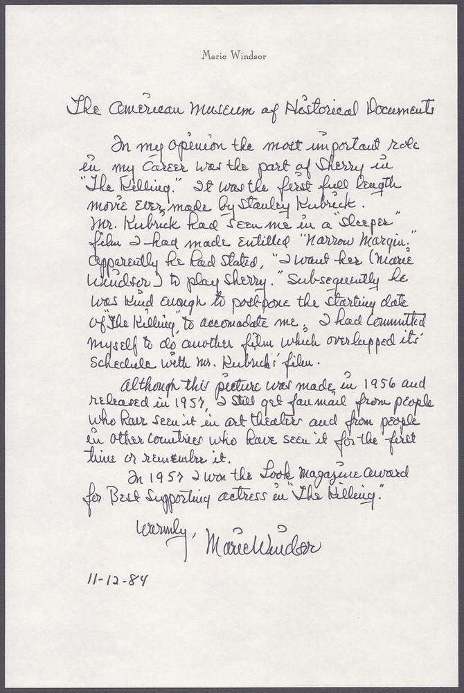 MARIE WINDSOR - AUTOGRAPH STATEMENT DOUBLE SIGNED 11/12/1984