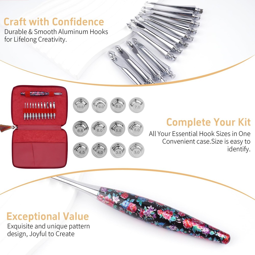 Interchangeable Crochet Hook Set Aluminum Inline Crochet Hooks Ergonomic Hand...
