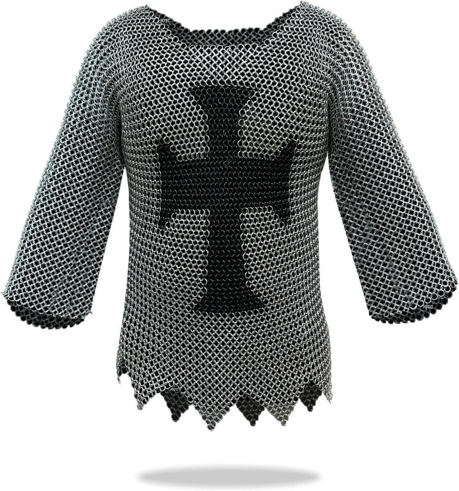Medieval Templar Chainmail Shirt w/Full Sleeves Solid Iron Haubergeon Armor fab