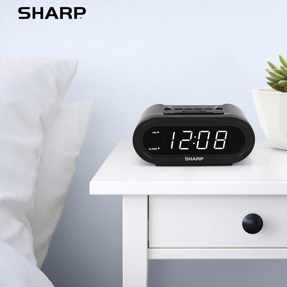 Sharp Digital Alarm with AccuSet - Automatic Smart Midnight Black-white Led