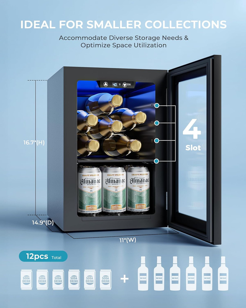 18L Beverage Refrigerator Cooler, 24 Cans Mini Fridge with Quiet Compressor, Cou