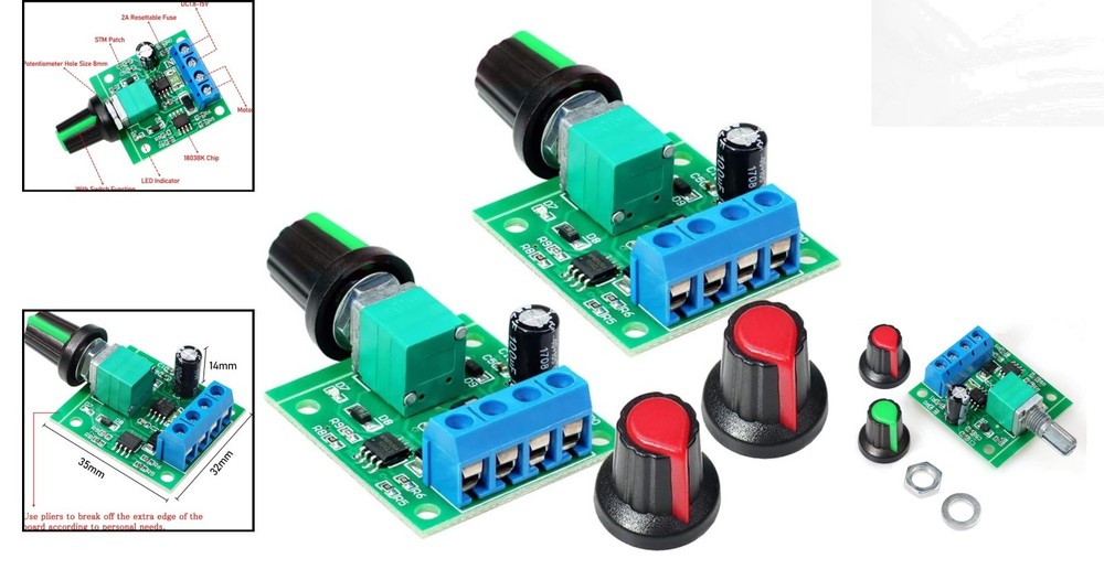 2-Pack NE555 DC Motor Speed Controller – 1.8V-12V, 30W, Adjustable Control Knob