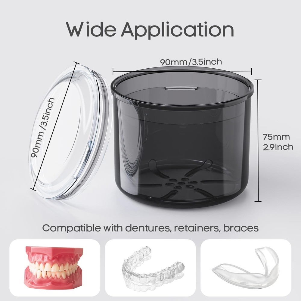 Denture Bath Cup with Cleaning Brush, Large Soaking Container with Strainer B...