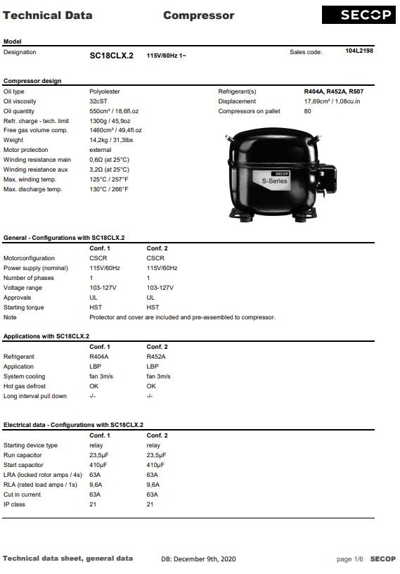 Secop SC18CLX-2 R404a Hermetic Refrigeration Compressor 3671 BTU LBP 115V 3/4HP