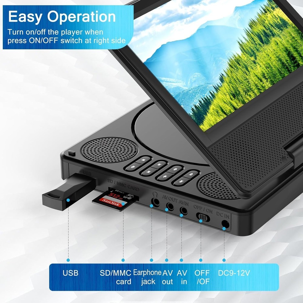 9.5" Portable DVD Player with HD Swivel Screen Support CD/DVD/SD/USB