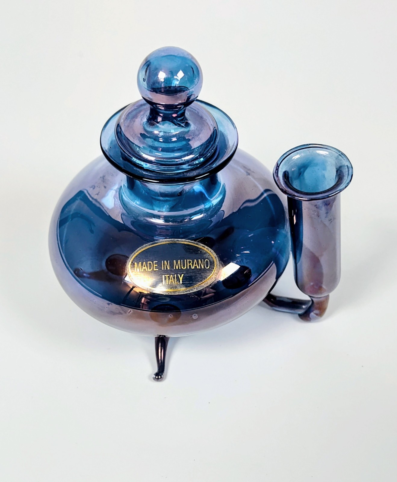 Rare 1960's Murano Glass Inkwell & Dip Pen Set – Cobalt Iridescent Signed Italy