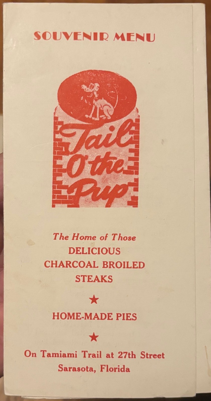 1950s Sarasota Florida "Tail of the Pup" Restaurant Souvenir Menu