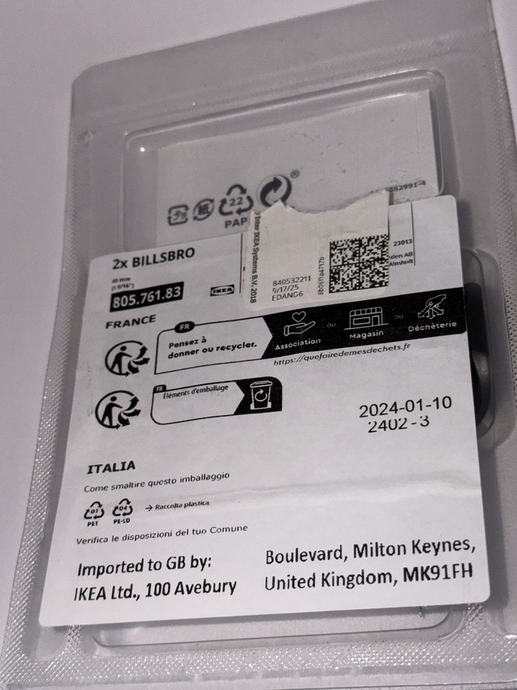 1 Pack IKEA BILLSBRO Handle black anthracite, 1 9/16 " 2ct ea