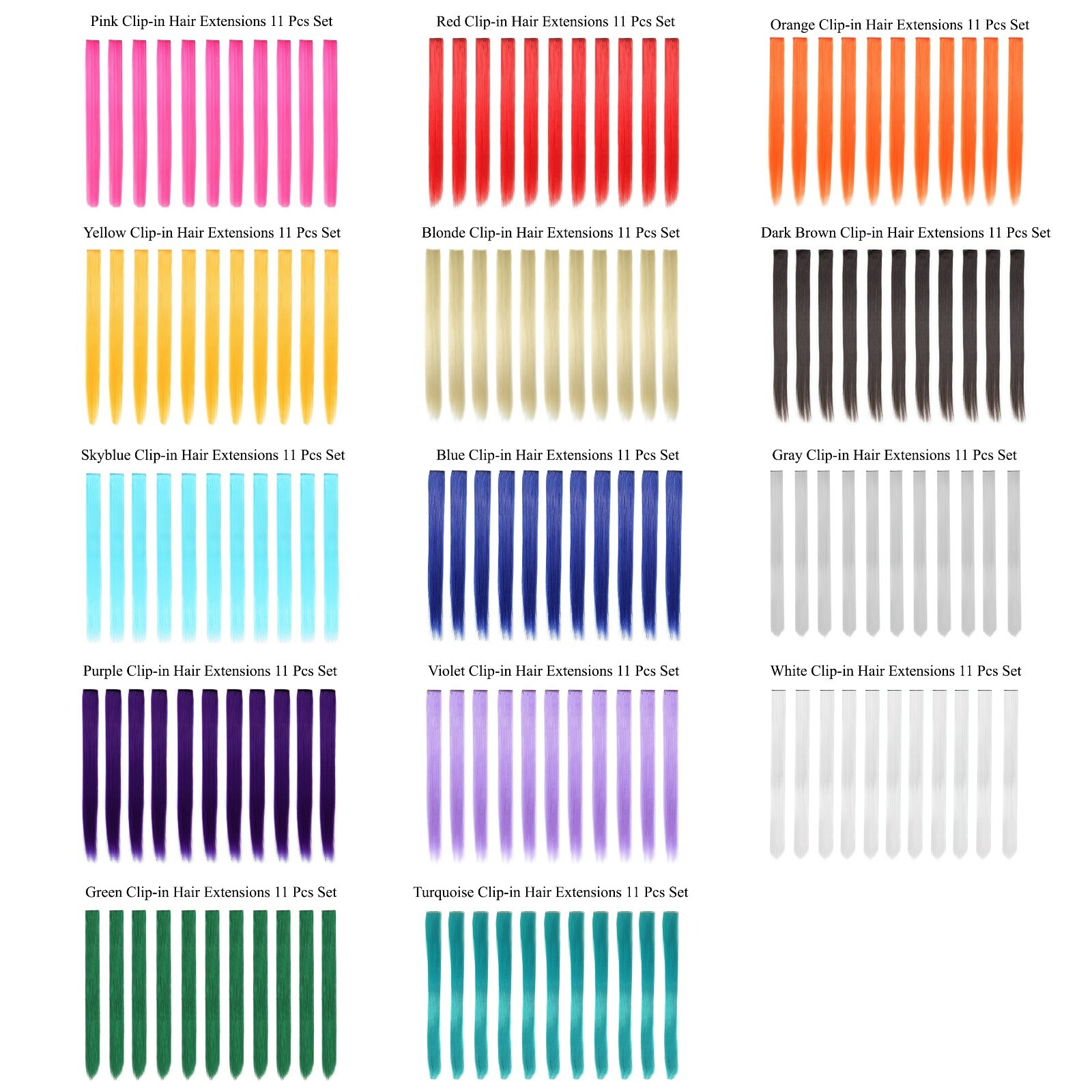 11pcs Single Color 21" Straight Party Clip In Synthetic Hair Extensions Cosplay