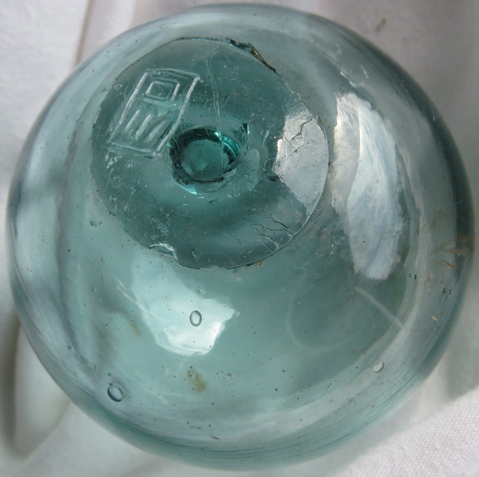 Japanese Blown Glass FLOAT 2.5" Aqua WP Makers Mark #11 "river-mouth" Vtg USA BZ