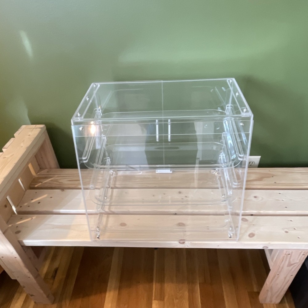 Acrylic Display Case with Hinged Doors, Enclosed Storage, Counter & Tabletop