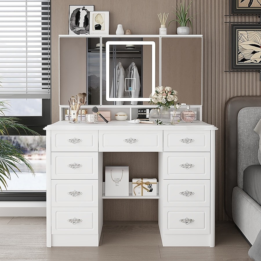 FUFU&GAGA 43.3-in White Makeup Vanity With Led Light