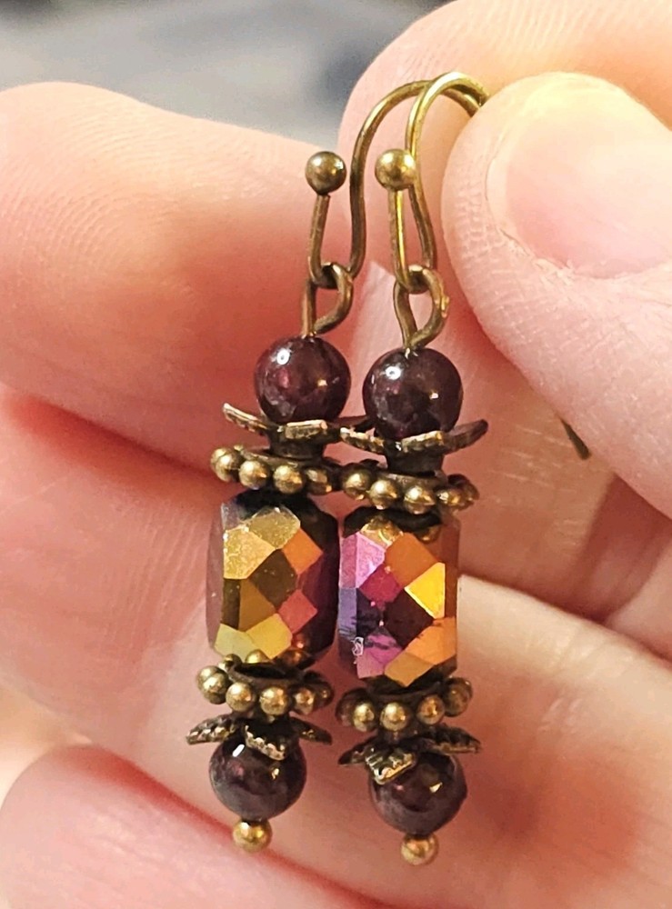 Garnet & Crystal Earrings Antique Bronze Dangle Drop Hook Handmade