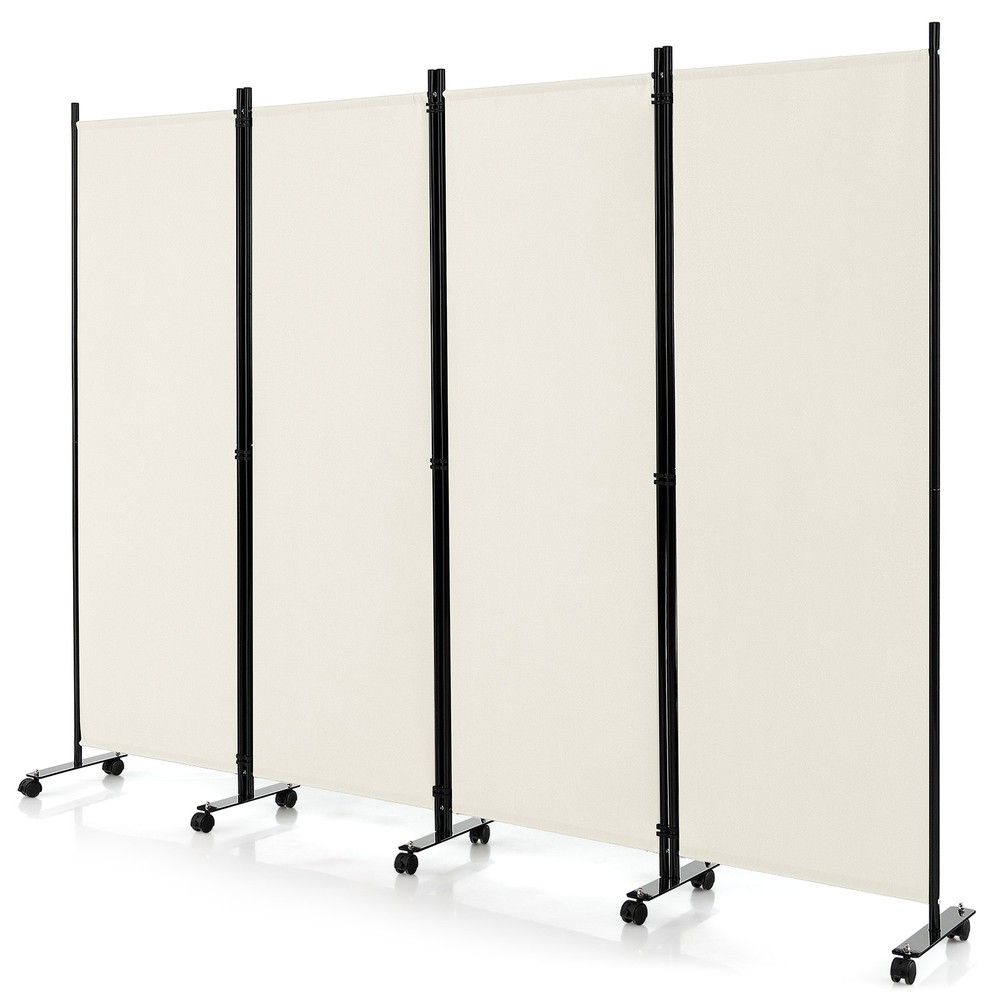 4-Panel Folding Room Divider 6' Rolling Privacy Screen w/ Lockable Wheels White