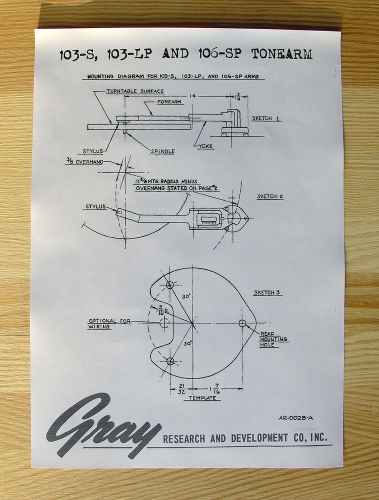 Gray Research 103-S/103-LP & 106-SP Custom Designed Tonearm Alignment Protractor