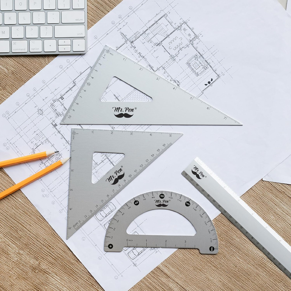 Metal Geometry Kit - 4Pack Set Square, Protractor, Aluminum Ruler, Drafting Tria