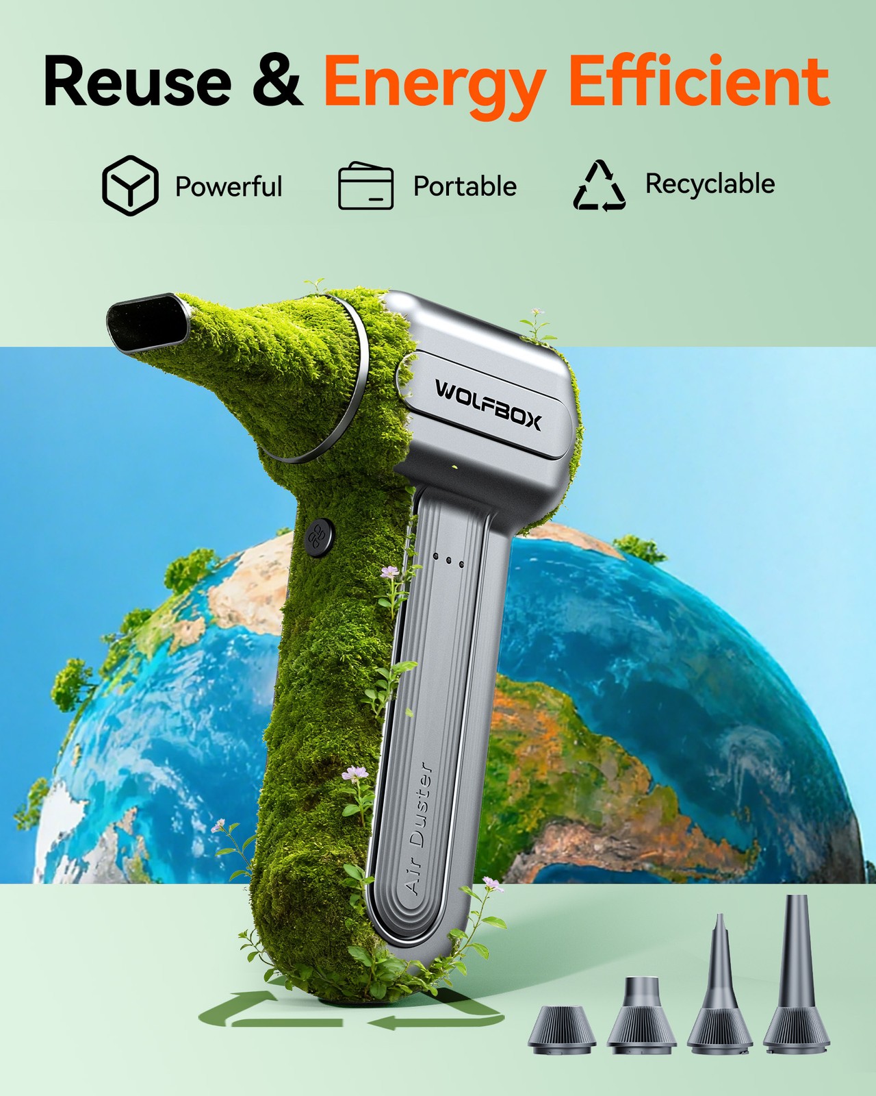 WOLFBOX DF60 110000RPM Cordless Air Duster 3-Speed with 5 Nozzles, Fast Charging