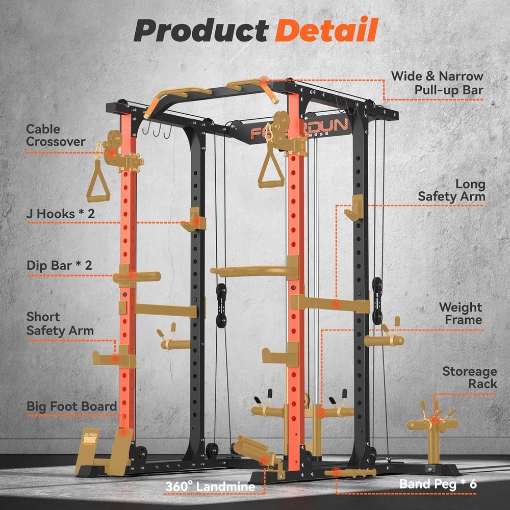 FLA01 Multi-Function Power Cage Squat Rack & Cable Crossover - 10-in-1 Home Gym