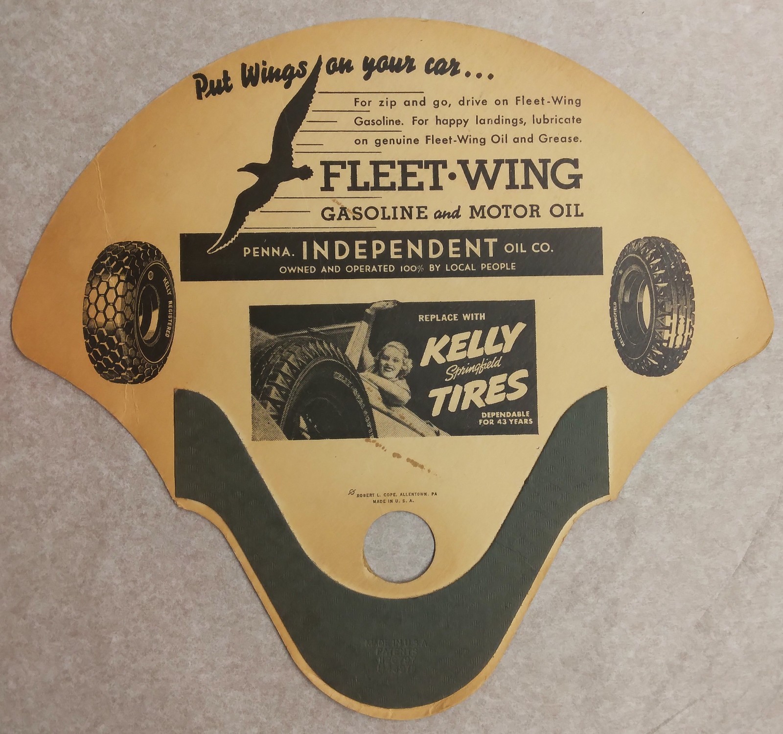 Kelly Tires Fleet-Wing Gas & Oil Comfy Hold ad fan, c1939