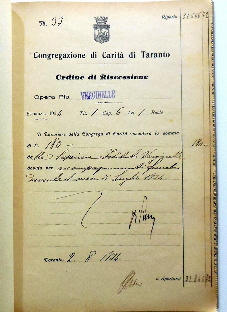 DOCUMENTS REGISTER CONGREGATION CARITA TARANTO VIRGIN COLLECTION 1934