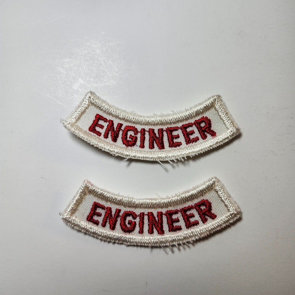 (2) ENGINEER Lower Rocker Patch - Red on White Twill NOS *WHITE BORDER*