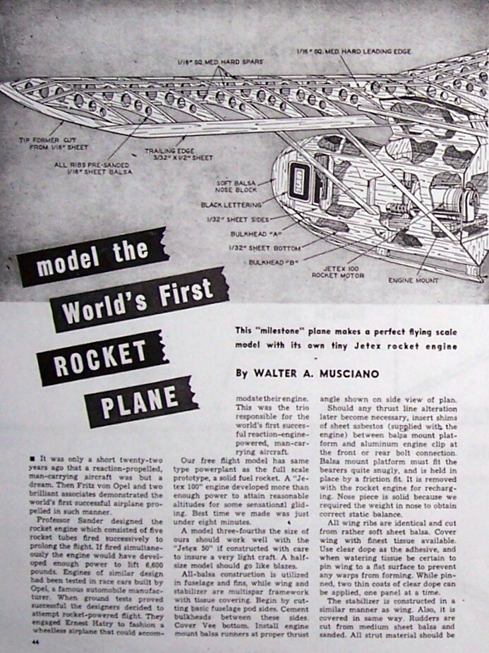 ROCKET PLANE PLAN & CONSTRUCTION ARTICLE for 28" Jetex Scale FF Model Airplane