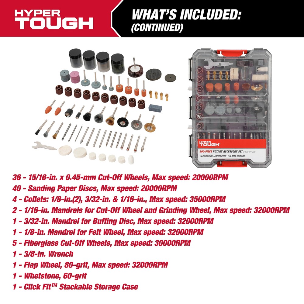 ROTARY TOOL ACCESSORY KIT 200-Piece Sanding Bands Felt Wheels Drill Bits w/Case