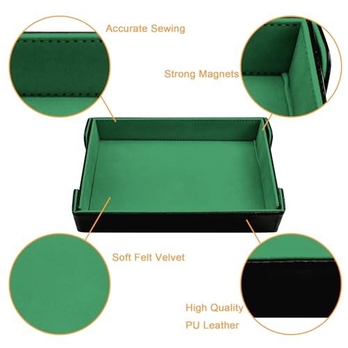 Magnetic Folding Dice Tray Rectangle Dice Rolling Tray PU Leather Dice Green