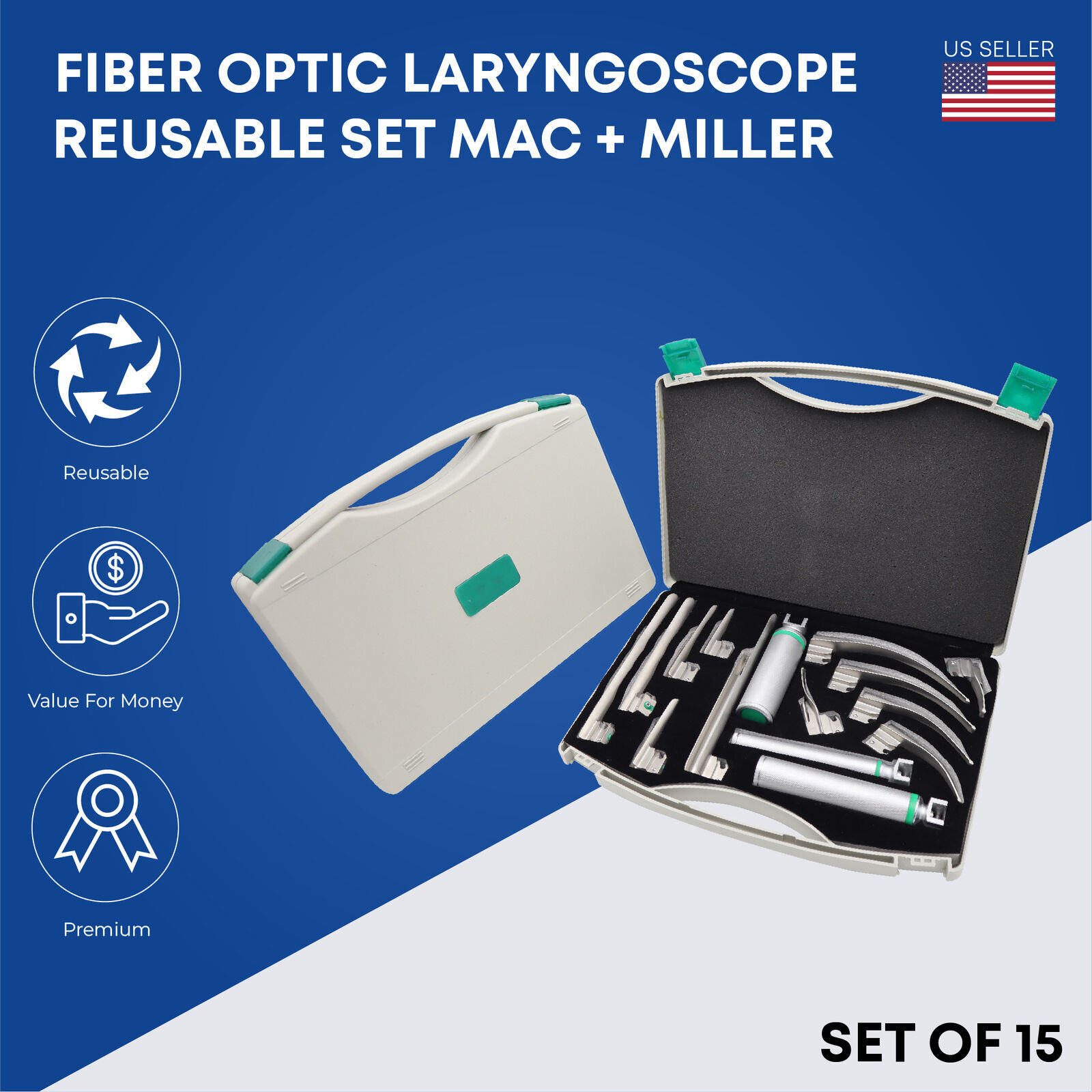 Fiber Optic Laryngoscope Set Macintosh + Miller Blades 3 Handle Intubation Kit