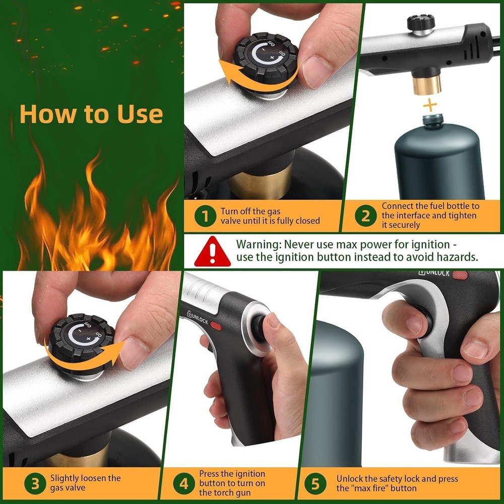 Powerful Propane Torch W/One-Touch Max Fire Adjustable Kitchen Torch Safety Lock