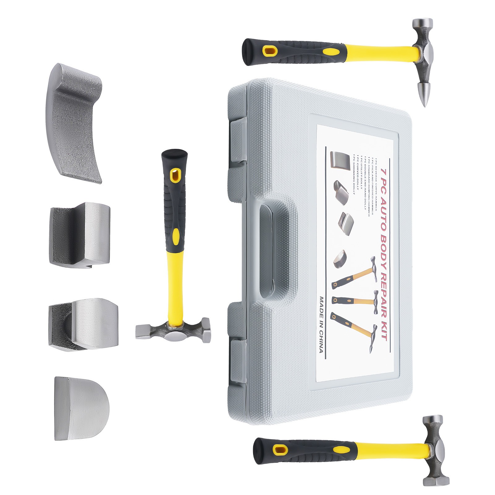 7 Piece Auto Body Hammer Dolly Set Car Dent Repair Tool Kit Steel Fiberglass