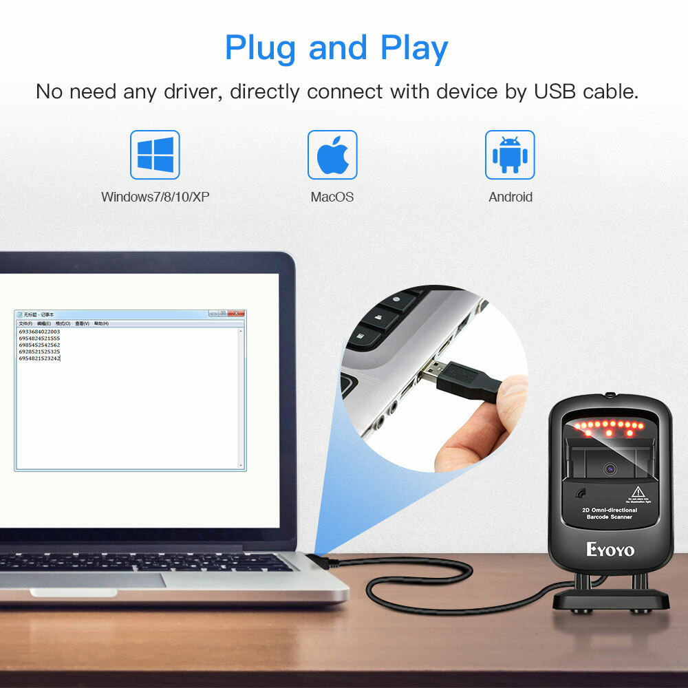 Eyoyo 1D 2D Desktop Barcode Scanner Automatic Image Sensing for Library Store