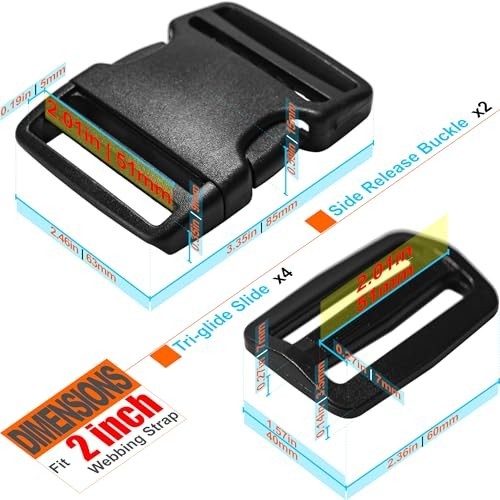 2" Wide Webbing Strap Buckles - Quick Release Clips (2 Set) & Tri-Glide Slides (