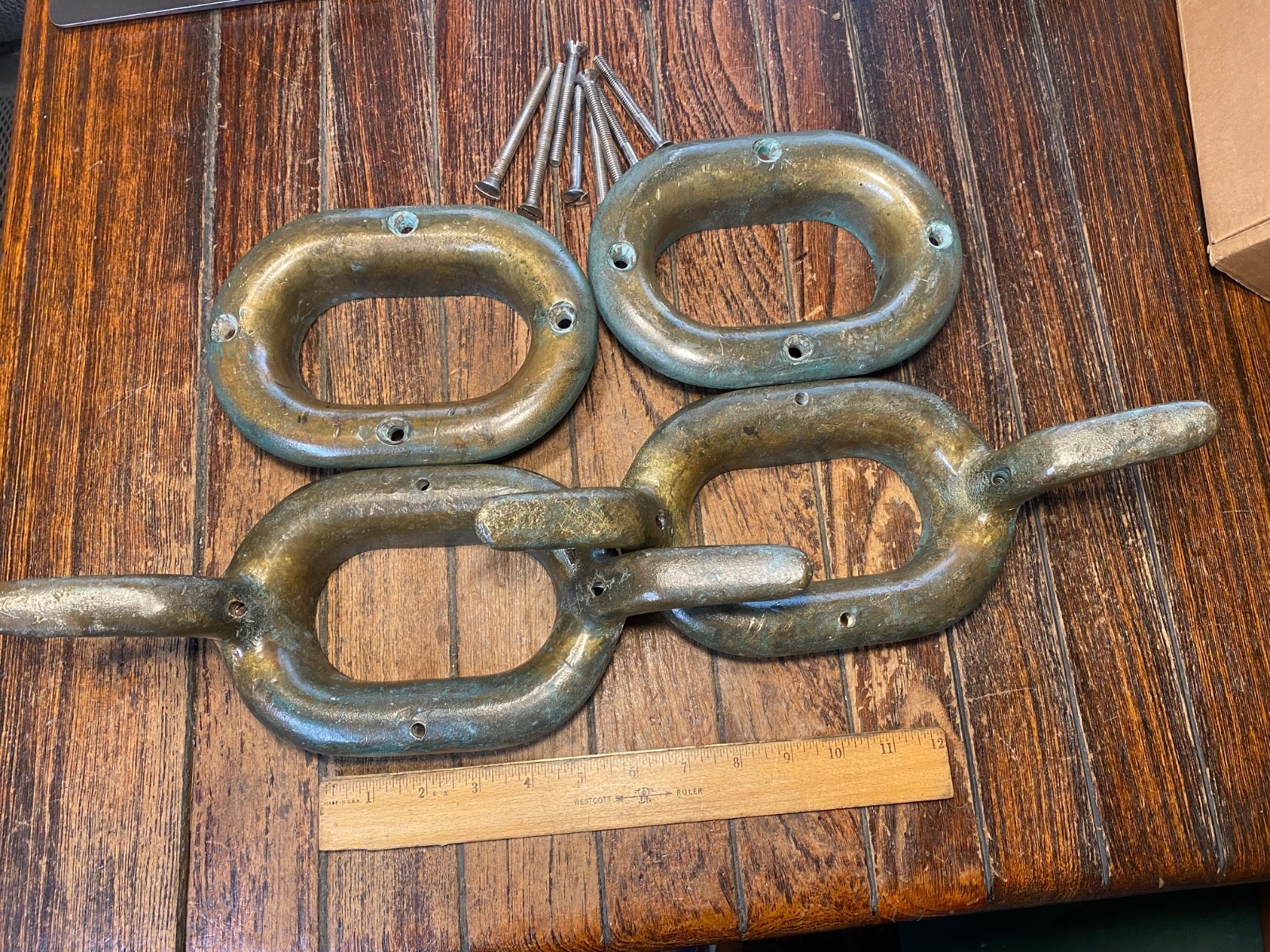 PAIR OF LARGE VINTAGE CAST BRONZE COMBINATION CLEAT/HAWSE HOLES 13" NICE PATINA!