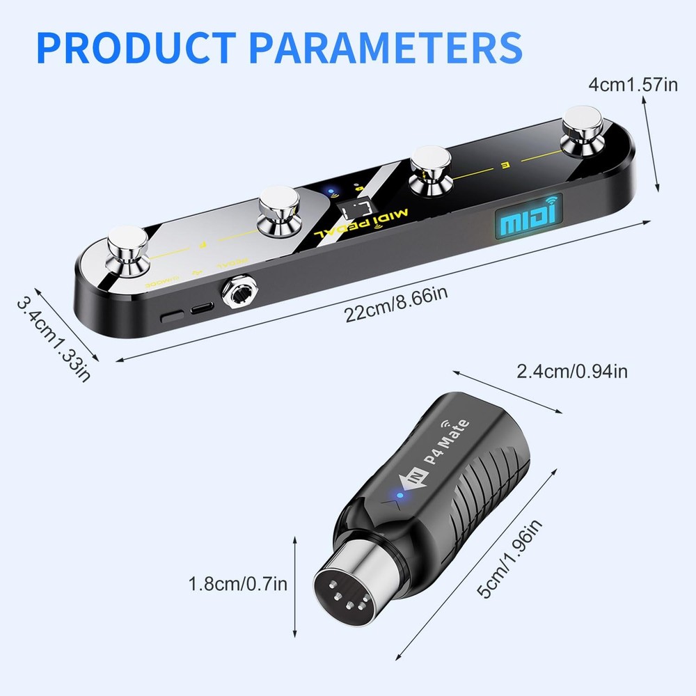 Wireless MIDI Foot Controller Pedal with Mate MIDI Receiver, 4 Customizable