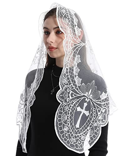 Catholic Mantilla Mass Veil - Triangle Cross Embroidery Church Lace White-1