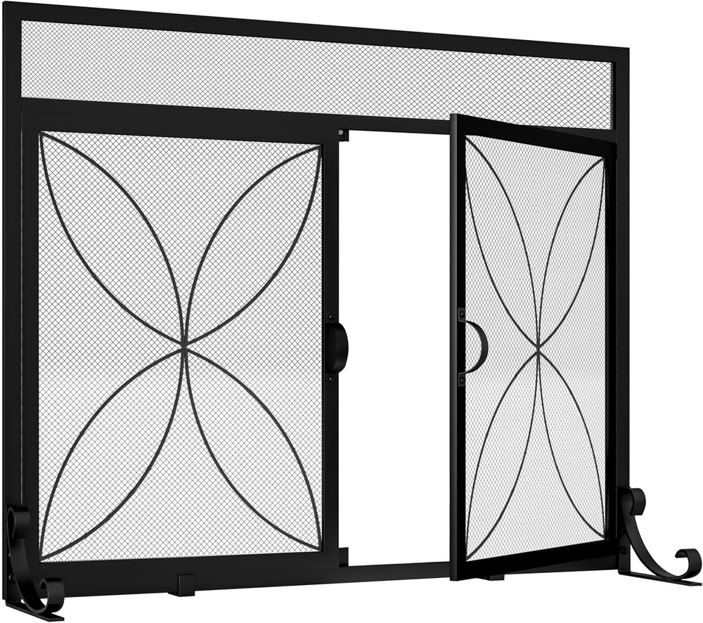 Fireplace Screen W/ Magnetic Doors,Handcrafted Wrought Iron Classical Scroll