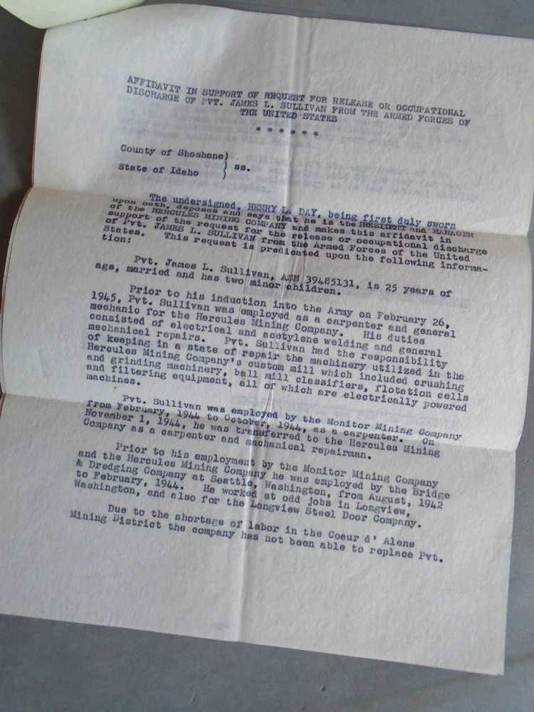 US Army, request for occupational discharge, carbon copy