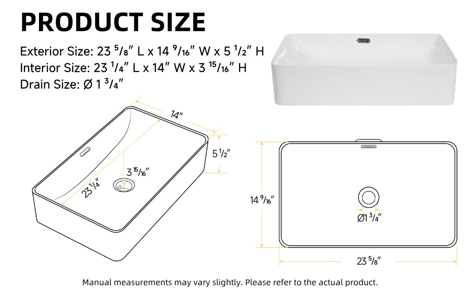 Los Flexi 24" x 15" Rectangular Vessel Sink with Overflow, White Porcelain
