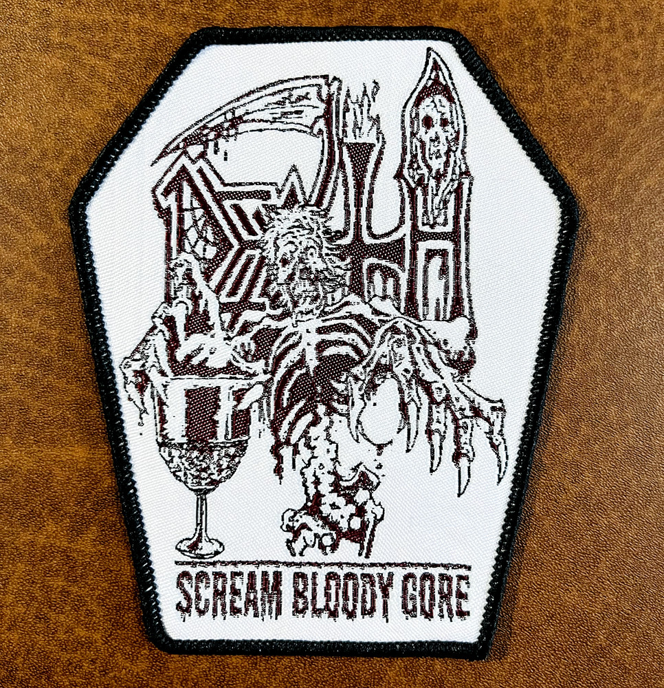 DEATH, SCREAM BLOODY GORE, SEW ON BLACK BORDER WOVEN PATCH