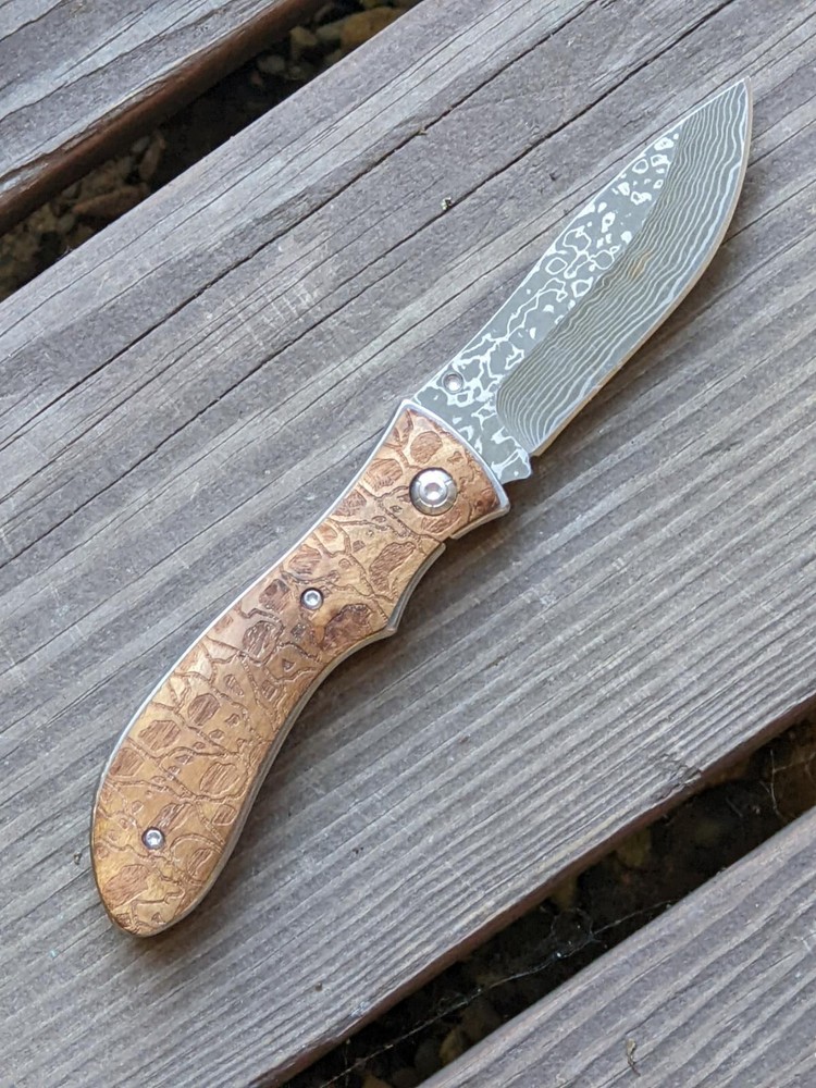 Silver Cut Folding Knife Artificial Damascus Blade Engraved Handle Box