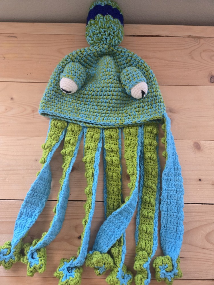 Handmade Squid Octopus Tentacle Hat Crochet Green Blue