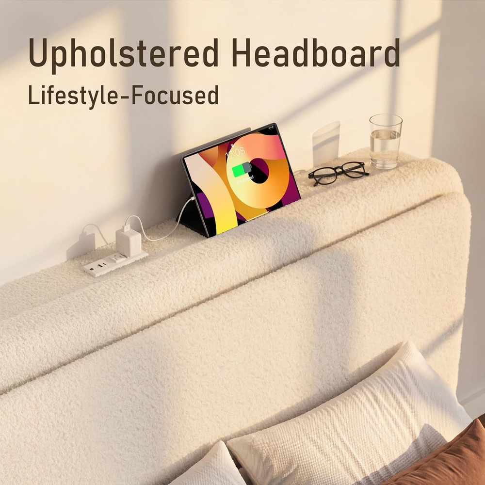 Queen Size Boucle Bed Frame, Upholstered Cloud Bed Frame with Shelf Headboard, B