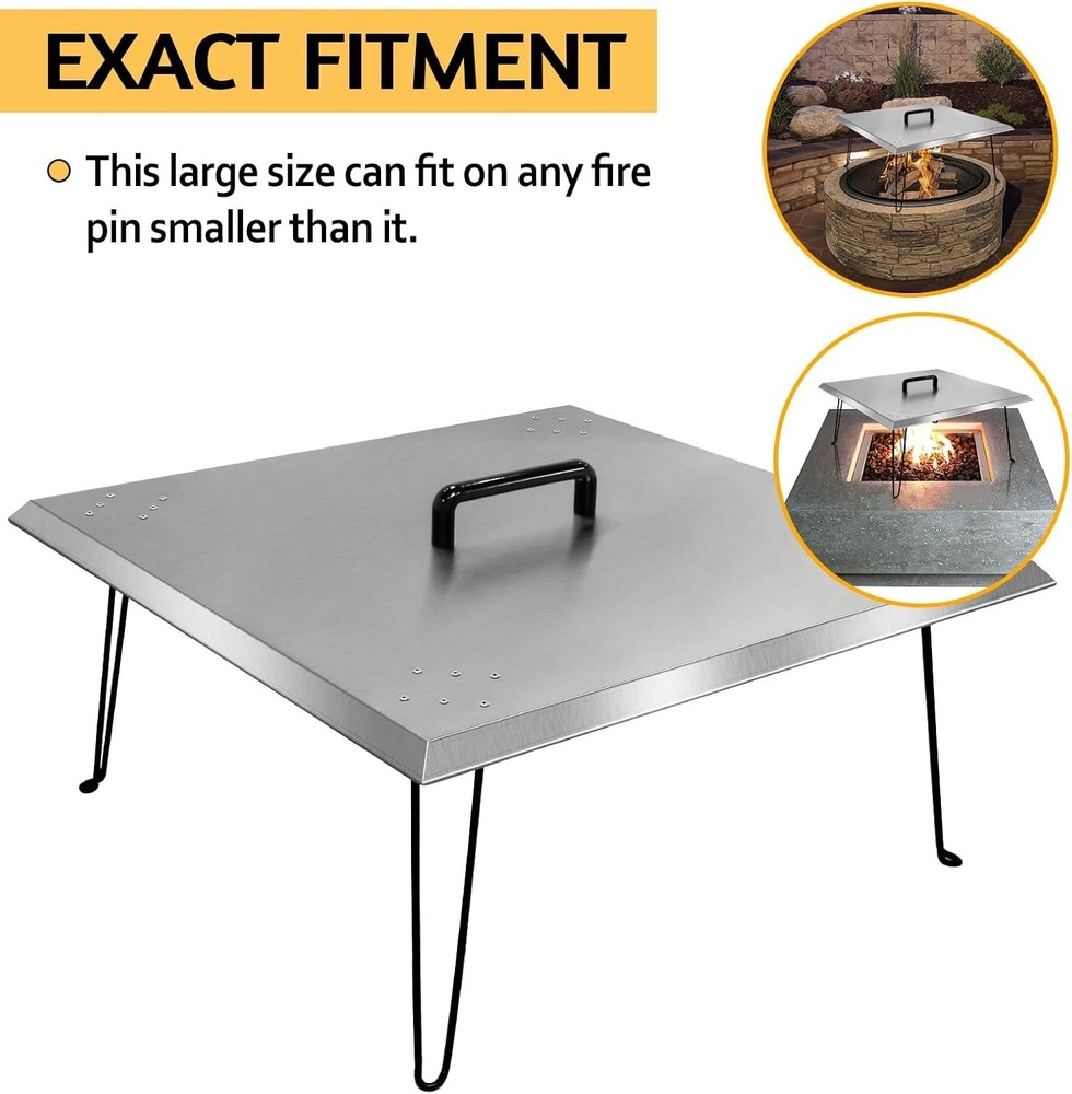 Stainless Steel Fire Pit Cover,Square Fire Pit Lid with Foldable Legs and Handle