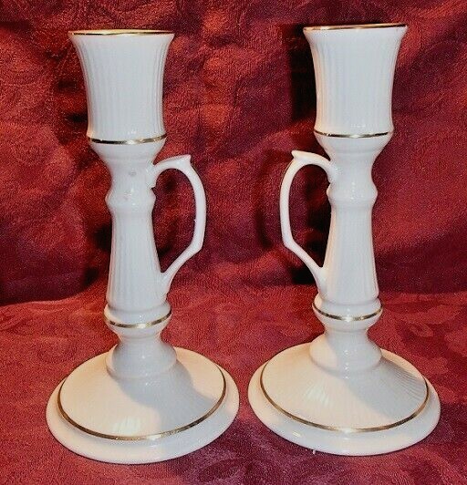 Pair 7.75" Lenox Handled Chamber Style "Cape Cod" Candlesticks Ribbed 24K Gold