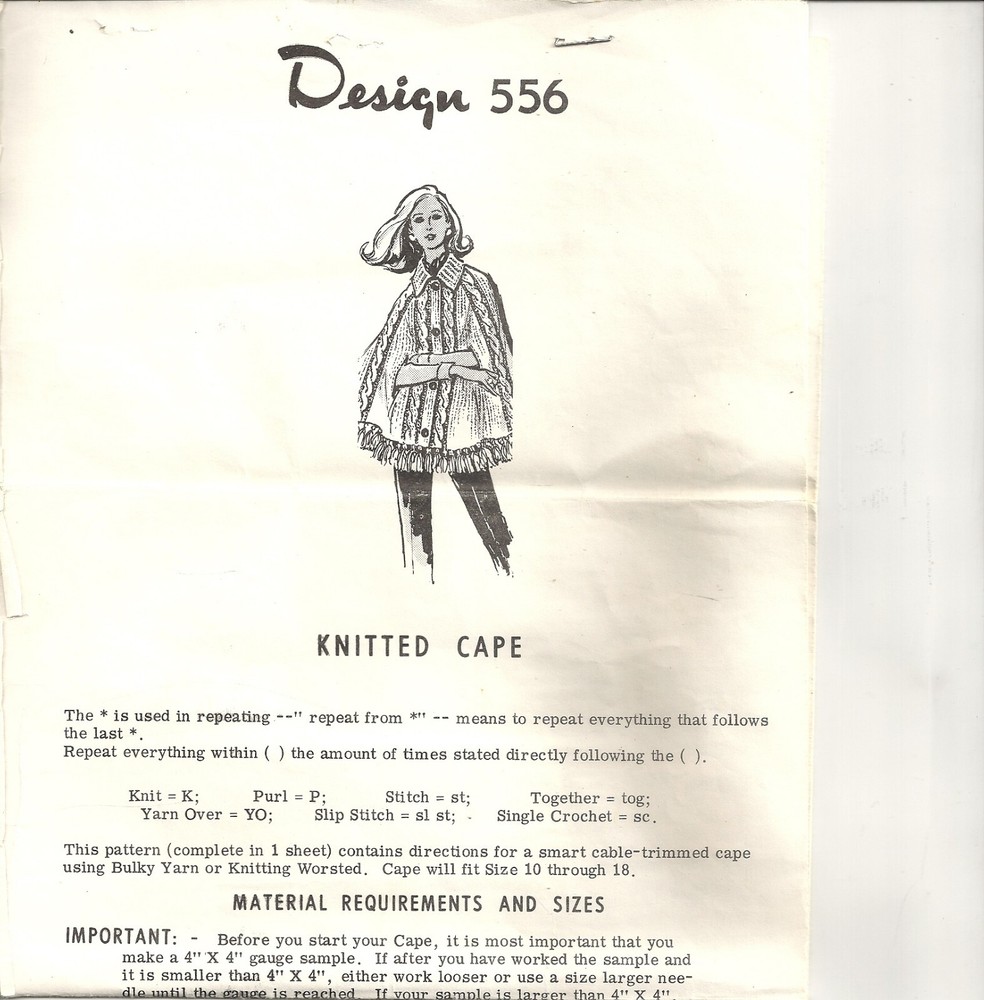 LAURA MILLER MAIL ORDER PATTERN #556 KNITTED CAPE ©1970's